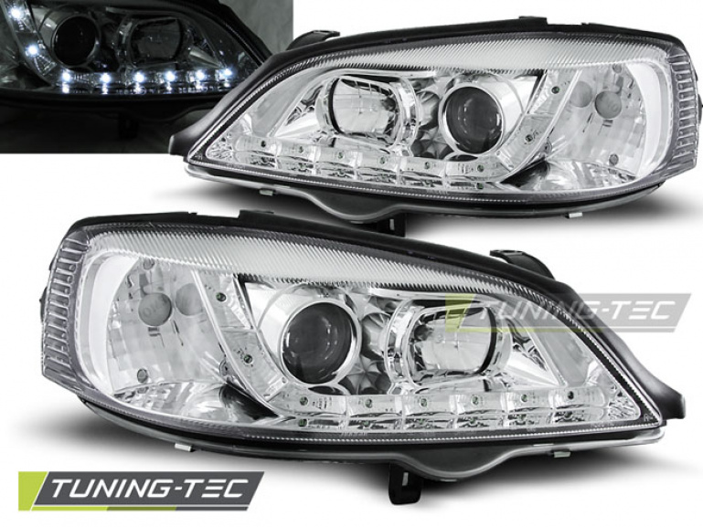 LED Tagfahrlicht Design Scheinwerfer für Opel Astra G 98-04 chrom